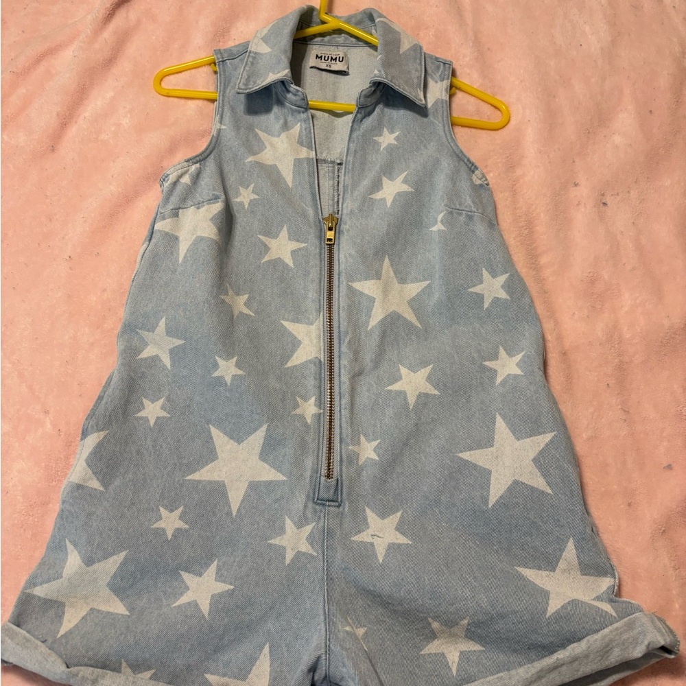 Show me your mumu Blue Star Print denim Romper - Picture 3 of 4